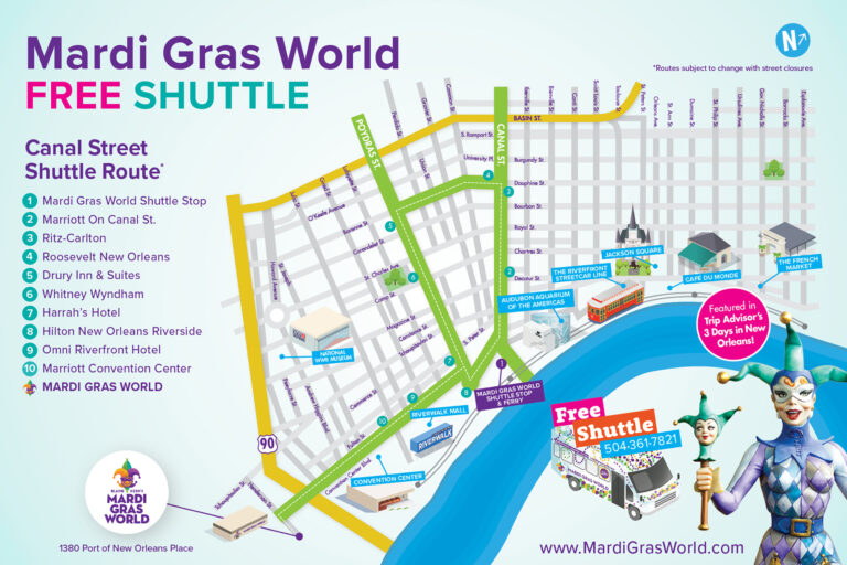A map of the Mardi Gras World shuttle stops.