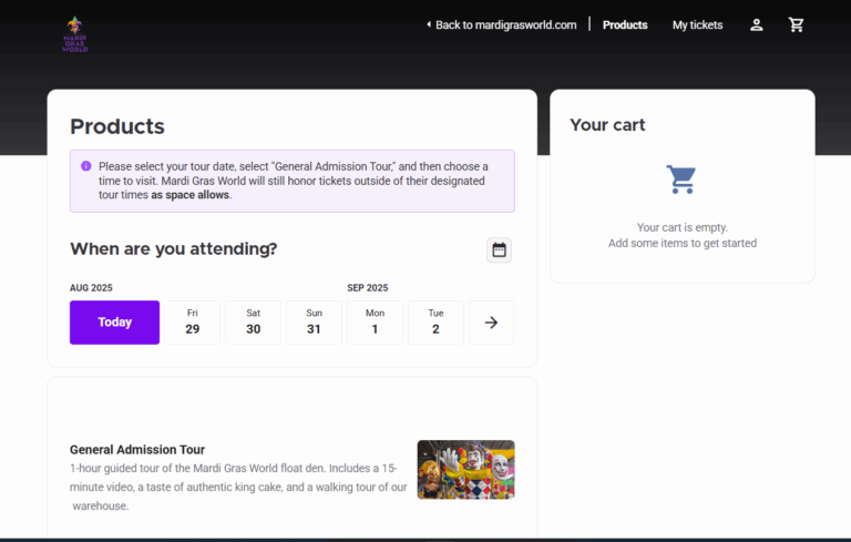 The new online ticket checkout for Mardi Gras World.