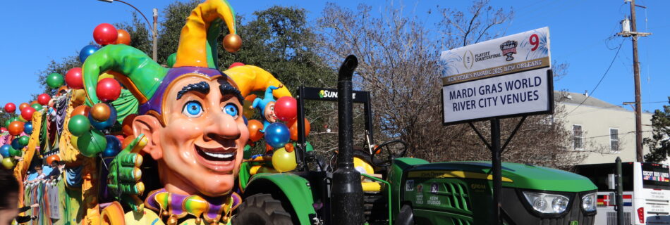 A tractor pulling a colorful jester float