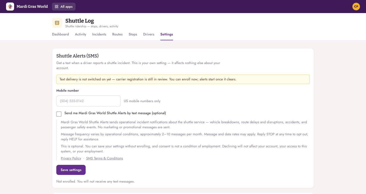Shuttle Alerts opt-in screen with the consent checkbox unchecked and the full disclosure displayed