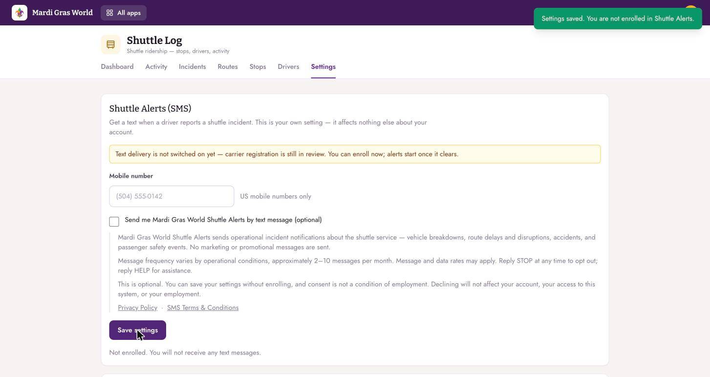 Settings saved successfully with the consent checkbox left unchecked, confirming the user is not enrolled