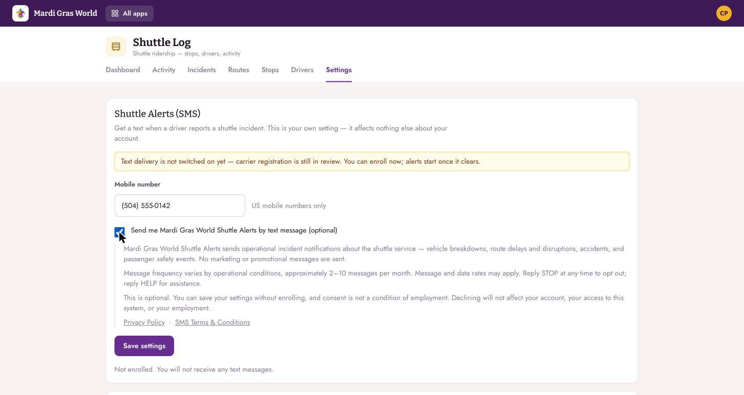 The opt-in screen with a mobile number entered and the consent checkbox ticked