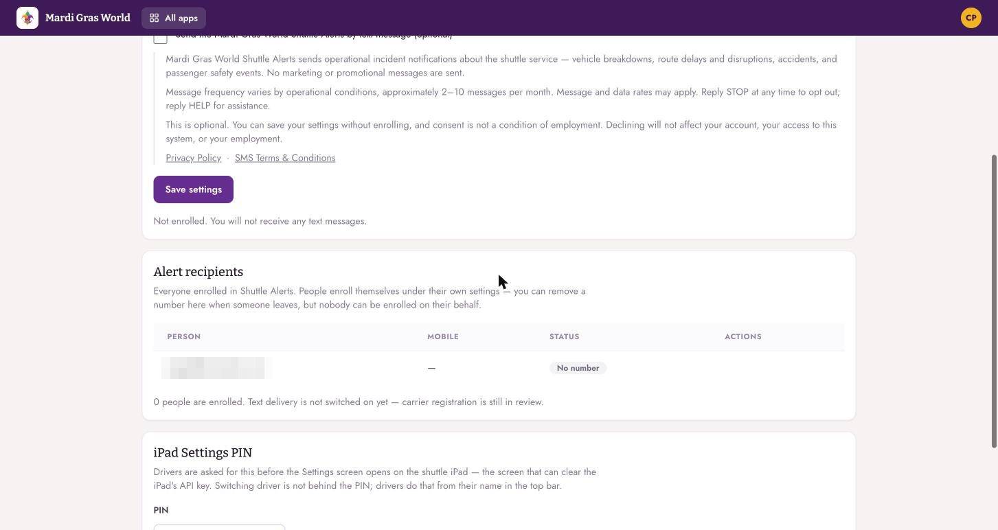 The settings page showing Shuttle Alerts alongside other unrelated settings sections